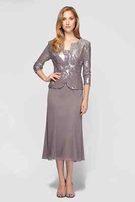 Alex Evenings Petite Sequined Midi Dress and Jacket - Pewter - Size 6P Alex Evenings Petite Sequined Midi Dress and Jacket - Pewter - Size 6P