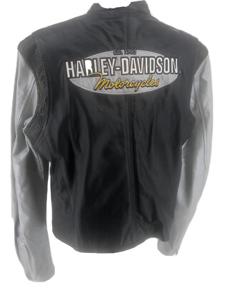 vtg womens harley davidson leather jacket L black silver yellow zip perforated