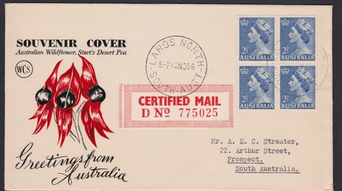 1956 2 1/2d Blue QEII Block 4 WCS Sturt's Desert Pea Generic FDC CERTIFIED MAIL - Picture 1 of 5