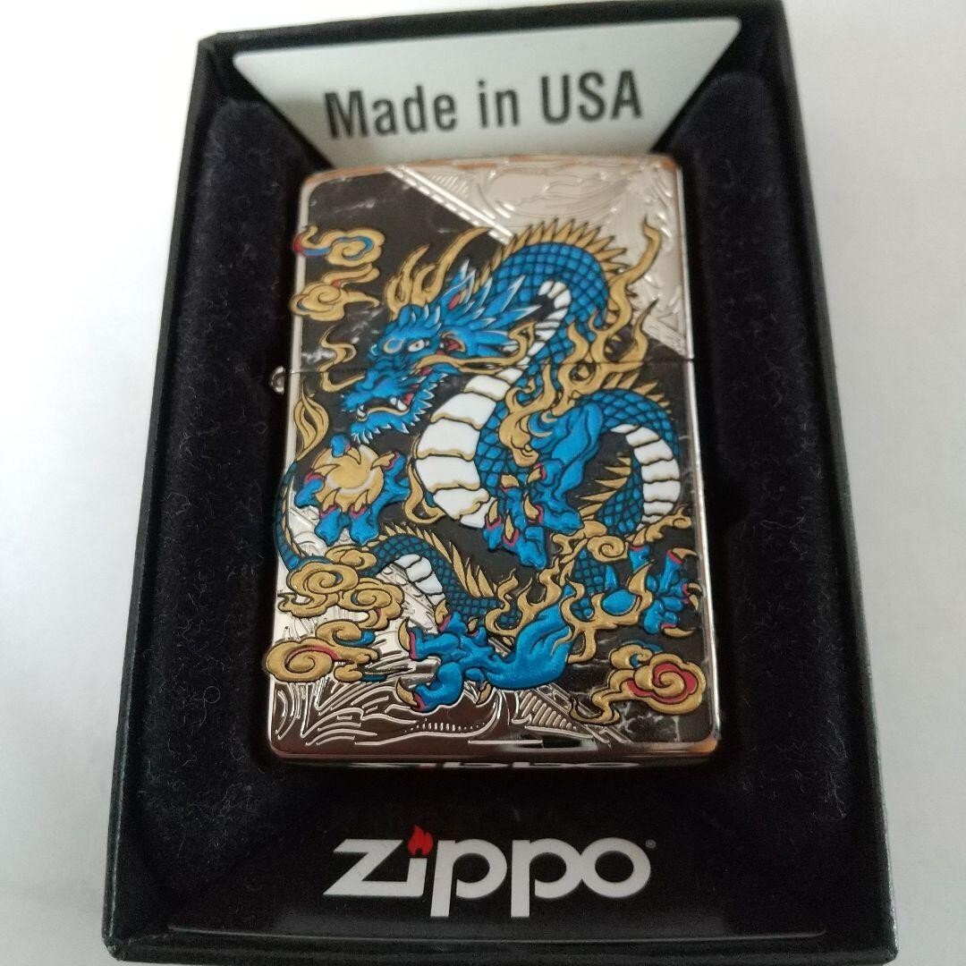 Zippo Blue Dragon Silver Arabesque 2 Sided Etching Marble Black 