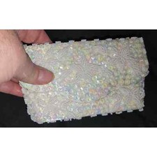 Vintage 50s 60s Sm Cream Satin Beaded Walborg Sequin Purse Wedding 5 x 3.25 in.