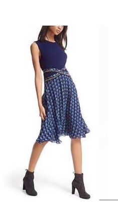 Diane VonFurstenberg DVFRosalie Mixed Media Fit & Flare Dress blue geometric Sz6