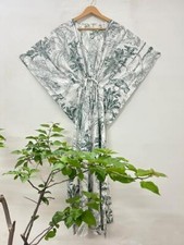 Block Jungle Print Cotton Women Summer Sleepwear Green Long Maxi Caftan Dress