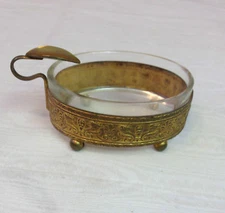 Lady's Gilt Framed Oval Ashtray with Glass Liner and Cigarette Rest