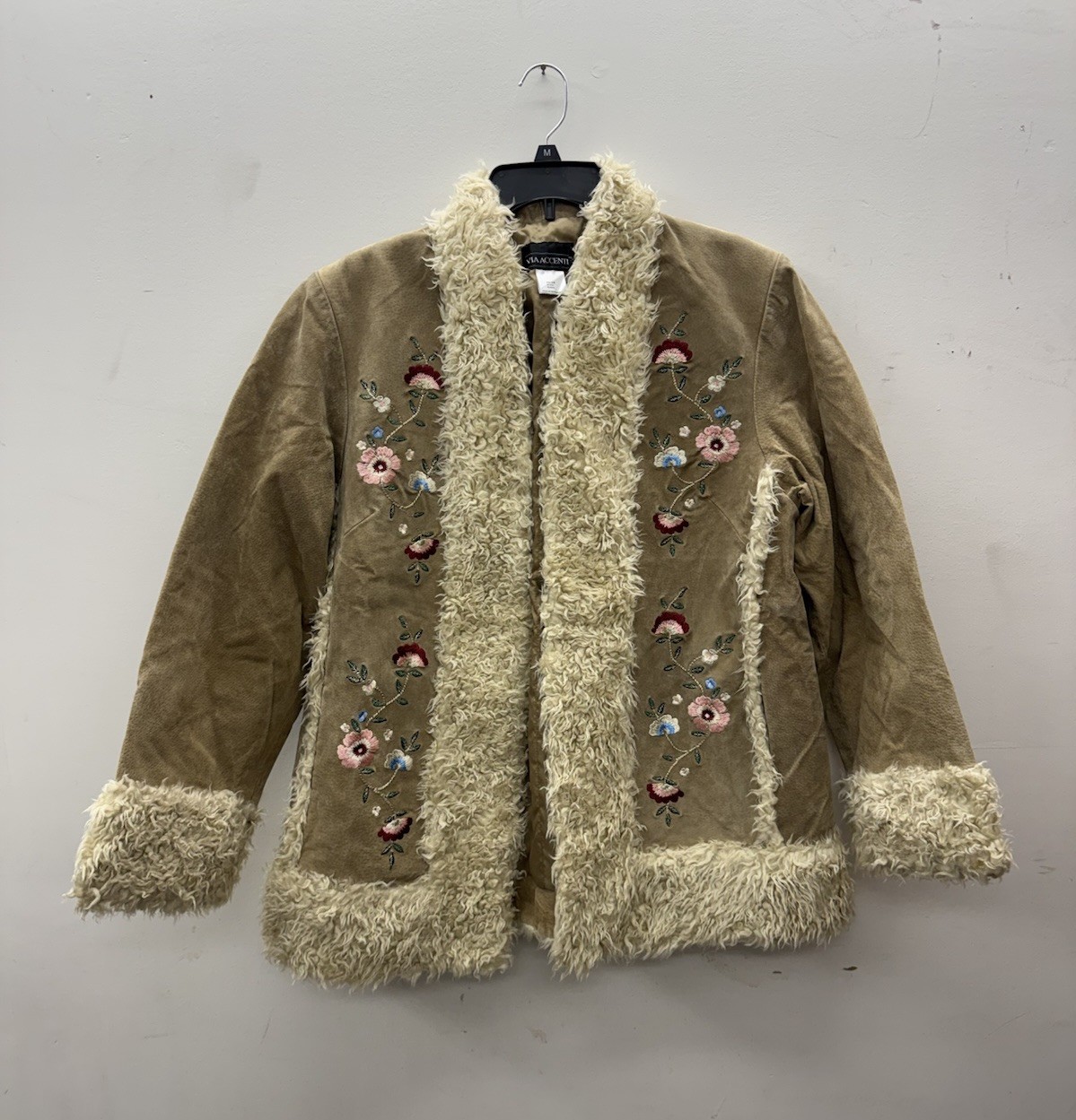 Penny Lane Phoebe Coat Womens 16W Shearling Trim Afghan Embroidered Suede Jacket