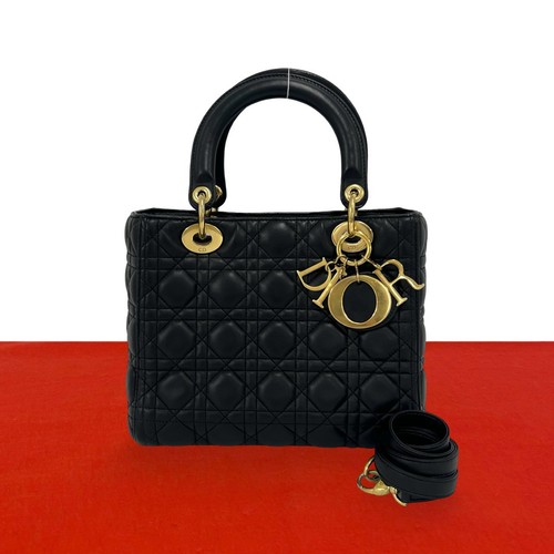 Christian Dior Lady Dior Cannage Stitch Shoulder Bag leather black 159-1