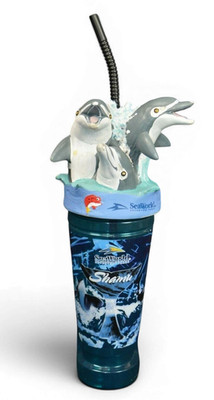 Sea World Cups Collectible Souvenir Plastic With Straw 3D Lid W/ Dolphins Shamu