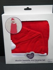 Parents Choice Muslin Swaddle and Beanie Red Cotton Infant Newborn Santa Set