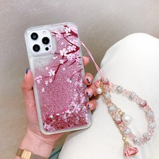 For Various Phone Quicksand Peach Blossom Case +Flower Bracelet Bling Cover Back