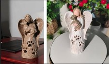 Engel mit Hund Deko Figur Gedenkengel Kerzenhalter Andenken Beige Steinoptik
