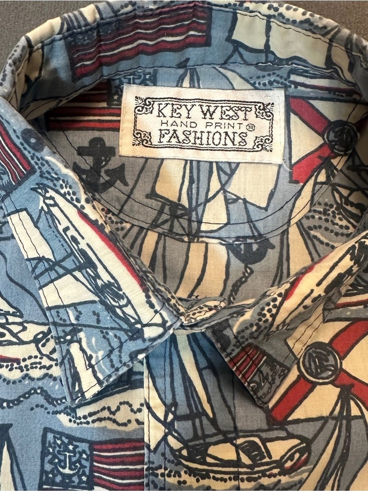 Vintage Key West Hand Print Fashions Shirt Sailboat Nautical USA Flag Mens XL L image 3