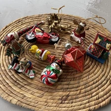 Lot of Ten Assorted Glass Wood Resin VTG Christmas Tree Ornaments Whimsical