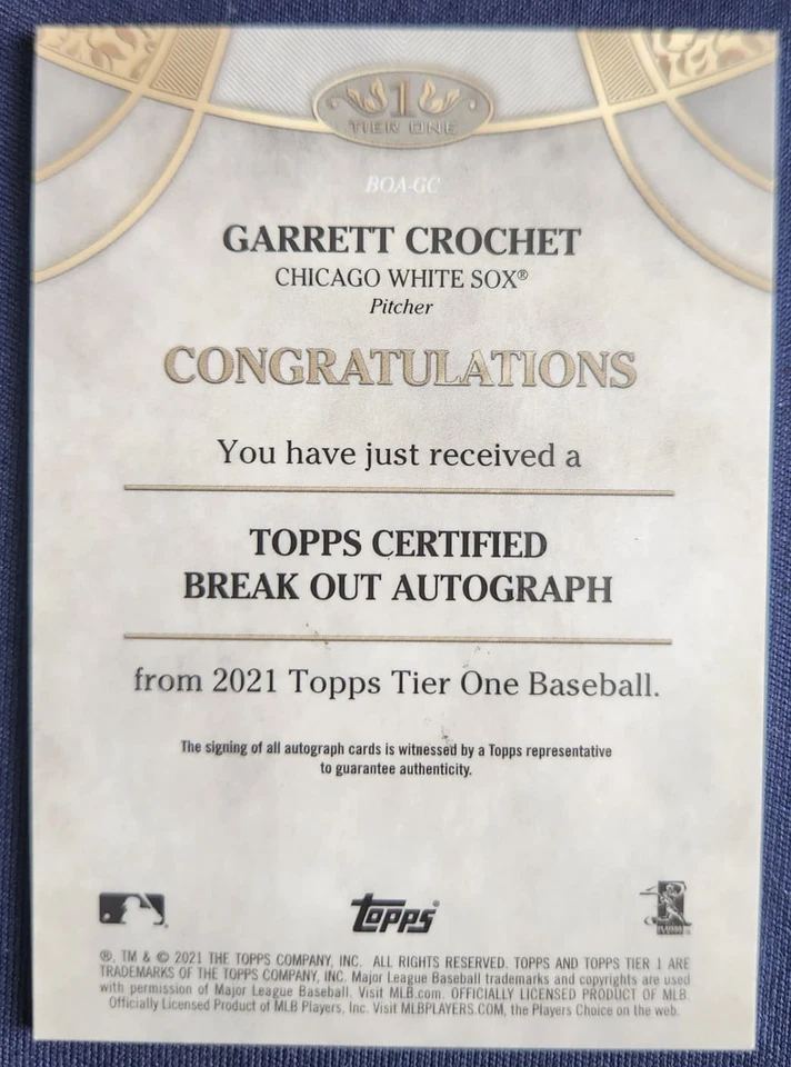 2021 Topps Tier One - Garrett Crochet Auto Gold /25 RC - White Sox - Image 3 of 3
