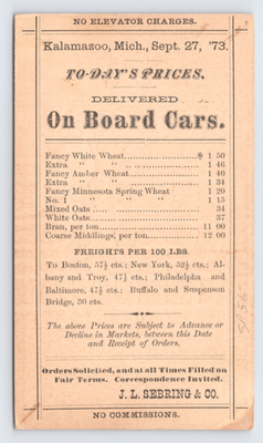 #ad 1873 J. L. Sebring amp; Co. Kalamazoo MI Trade Postal Card Grain to Reading PA $19.95