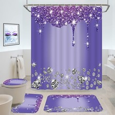 4 Pcs Glitter Diamond Shower Curtain Set, Purple Shiny Drip Bath Decor with N...