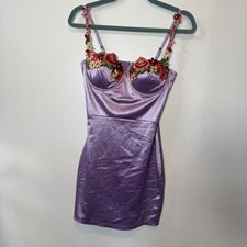 Windsor Lavender Satin Floral Embroidered Bustier Mini Dress Purple Women Small
