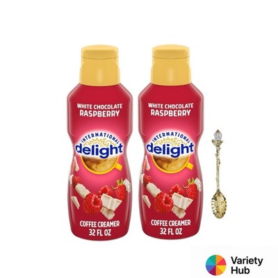 2 Pack International Delight White Chocolate Raspberry Creamer 32oz + Gold Spoon