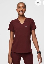 FIGS Technical Collection Women  s Solid V-Neck Scrub Top Maroon Burgundy Medium