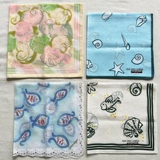Set of 4 Handkerchief Vintage Sea Fish  Shellfish Pattern Blue Yellow Cotton 17
