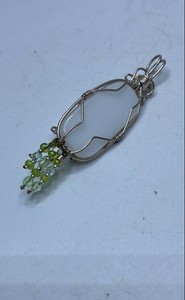 Sterling Silver White Gemstone w/ Green Beads Wrapped Pendant 22.0g