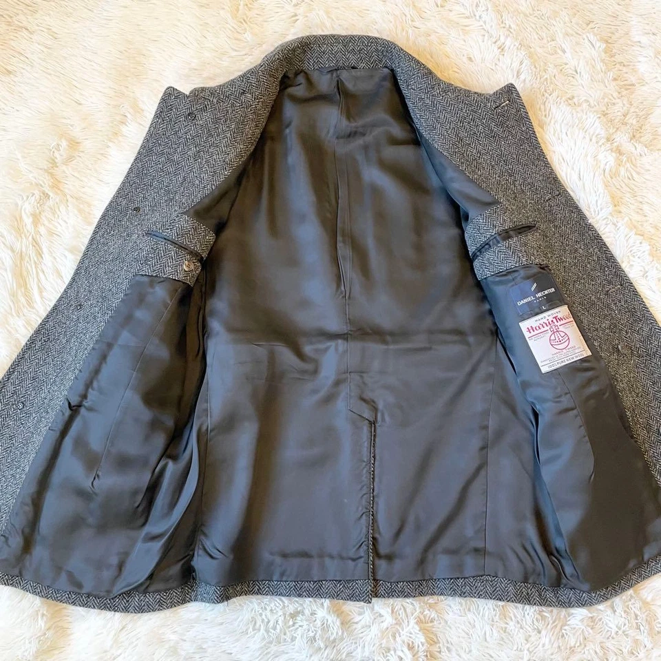 HARRIS TWEED Wool Peacoat Herringbone Gray Mens Size L Made in Japan - Image 4 of 4