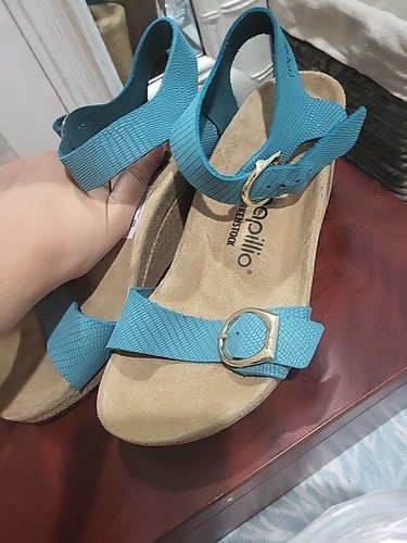 pretty teal blue Birkenstock Womens 39 Papillio Teal Suede Wedge Sandals NWOB - Picture 4 of 4