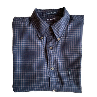VTG GANT Mens Shirt L/G Navy WindowpaneCambridge Twill Cotton Long Sleeve