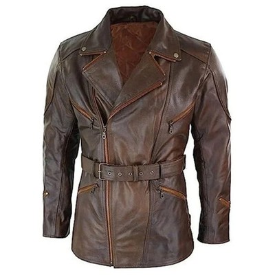 Men s 3/4 Classic Belted Motorcycle Brown Leather Jacket Coat BEST QUALITY