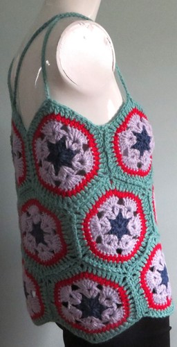 New Handmade Crochet Size L (36 Inches) Blue African Flower Hexagon Blouse Tops - Picture 4 of 4
