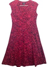 Chaps Dress Sz M Fuschia/Black Cap-Slv V-Neck Stretch Knit Artsy Comfy Slinky