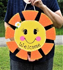 16" SUN WELCOME SIGN Wall Art Door Hanger Plaque Summer Porch Backyard Decor