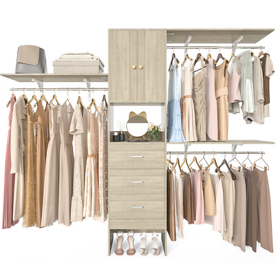 Walk In Closet Organizer System with Door, 3 Shelving & 3 Wood Drawer Heavy Duty