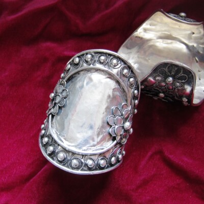 Wide Chinese pure handmade filigree flower Miao silver DIY embed bracelet 1piece