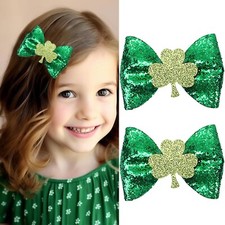 St. Patrick's Day Bow Hair Clips - Green Shamrock Alligato Bow Clips with Gli...