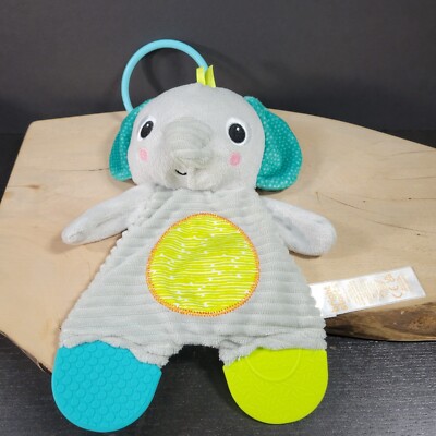 Bright Starts Crinkle Elephant Teether Plush Baby Toy 9.5'' Gray Green Ribbed