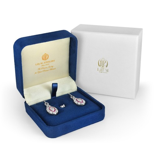 14K Rose Gold Natural Morganite Ruby Diamond Art Deco Style Drop Earrings - Picture 6 of 9