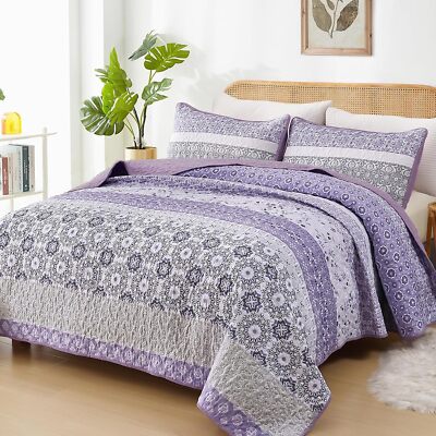 WONGS Queen/King 3-Pc Boho Quilt Set - Bohemian Patchwork Bedspread Coverlet