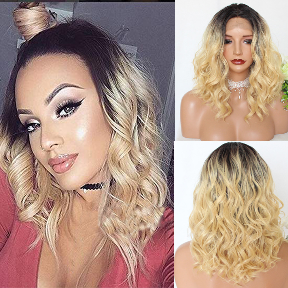 Savanna Blonde Ombre Lace Front Wig Short Wavy Bob Synthetic  display picture 2