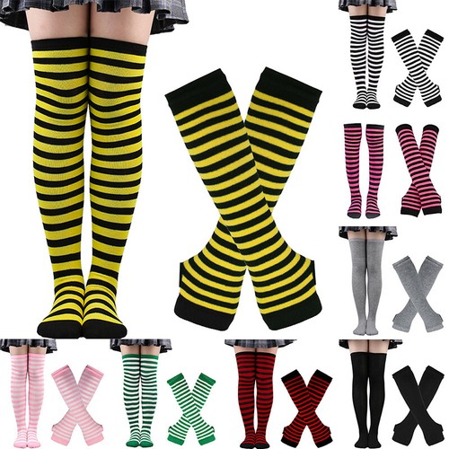 Conjunto de guantes sin dedos a rayas sobre la rodilla hasta el muslo calcetines largos calentador de brazos para mujer - Imagen 1 de 25