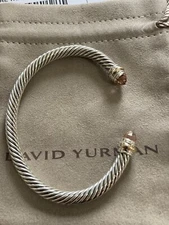 David  Yurman Sterling Silver MORGANITE  & Gold Cable Cuff Bracelet LARGE