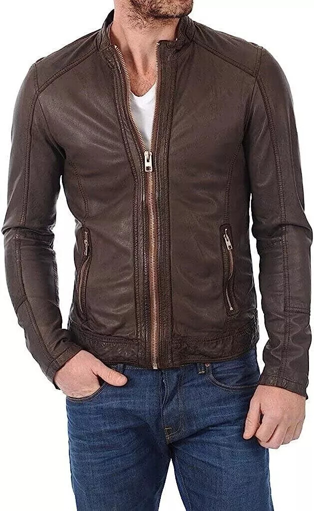 Men's Slim Fit Leather Jacket Biker Brown Real Lambskin Leather Casual ...