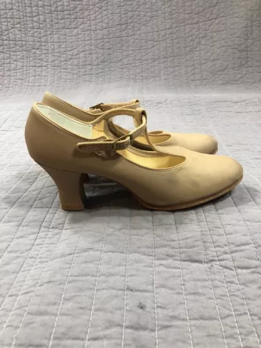Dance Shoe Women 7 M Tan Leather T Strap Heel Character Rubberized Sole Danshuz