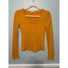 Active USA Mustard Yellow Ribbed Long Sleeve Henley Top Casual Basic Layer