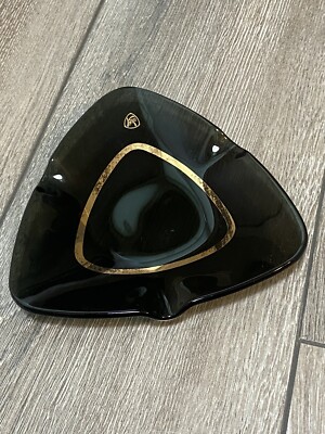 Ashtray Vintage Knoll Mid Century Clear Dark Glass Triangle MCM gold trim