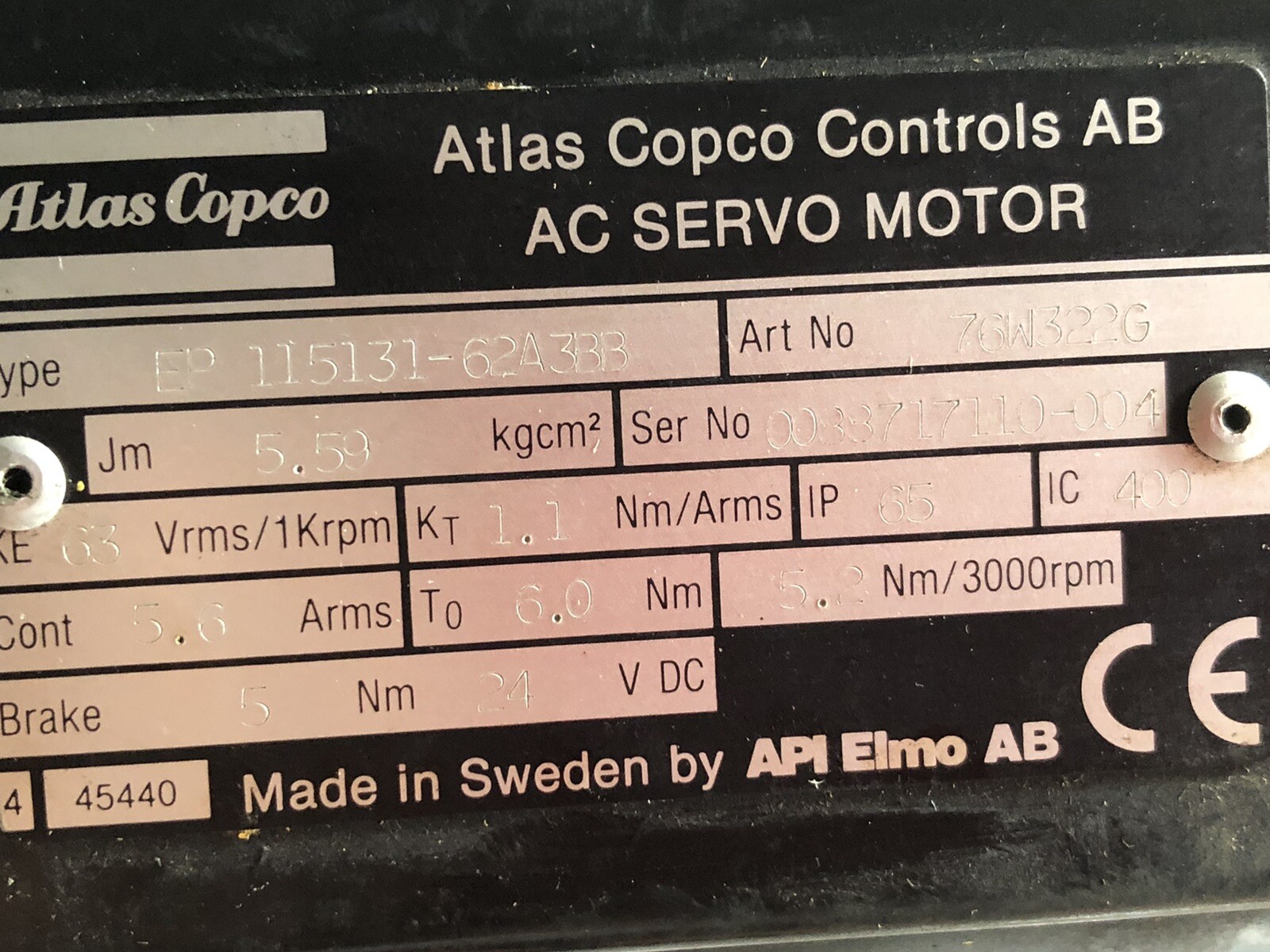 ATLAS COPCO EP 115131-62A3BB AC SERVO MOTOR,24VDC,76W322G API ELMO,11513162a,Bv