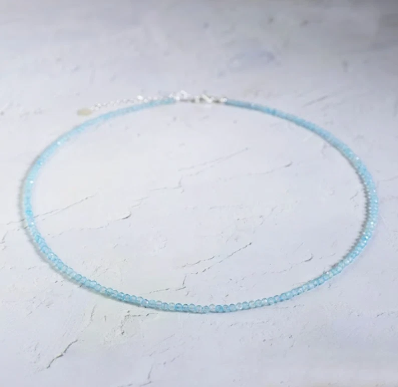 HandmadBlue Topaz Choker Delicate Stone Beads Necklace Aqua Topaz Crystal Choker - Image 2 of 4
