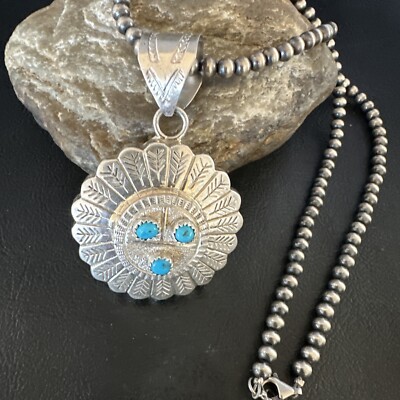 Kingman Turquoise Sunface Pendant Navajo Pearls Sterling Silver Necklace 15209