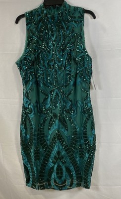 NWT NY&C New York & Co Green Sequin Art Deco Mock Neck Cocktail Dress Sz M