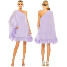 Mac Duggal NWT One Shoulder Chiffon Trapeze Dress Feather Trim Size 2 Lilac