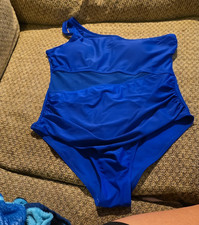Womens Blue Solid Mesh Detail Stretch One-Piece Swimsuit Polyamide/Elastane M